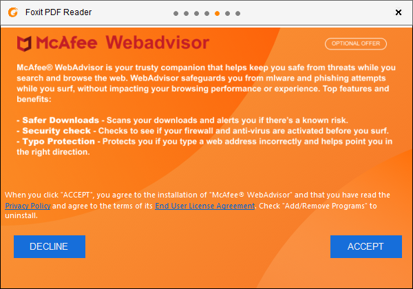 安裝 Foxit Reader 時,不要安裝 McAfee Webadvisor